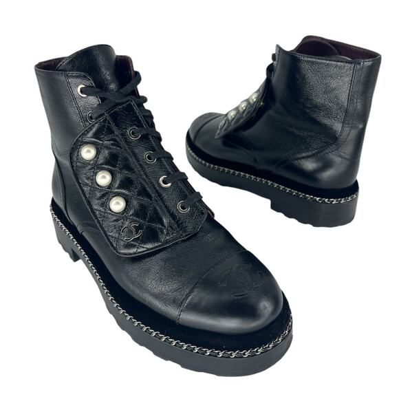 Chanel Crackled Calfskin CC Cap Toe Velvet Pearl Combat Boots in Black - Picture 2 of 16